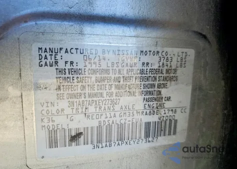 2014 Nissan Sentra S z USA, uszkodzony, nr VIN 3N1AB7APXEY273627